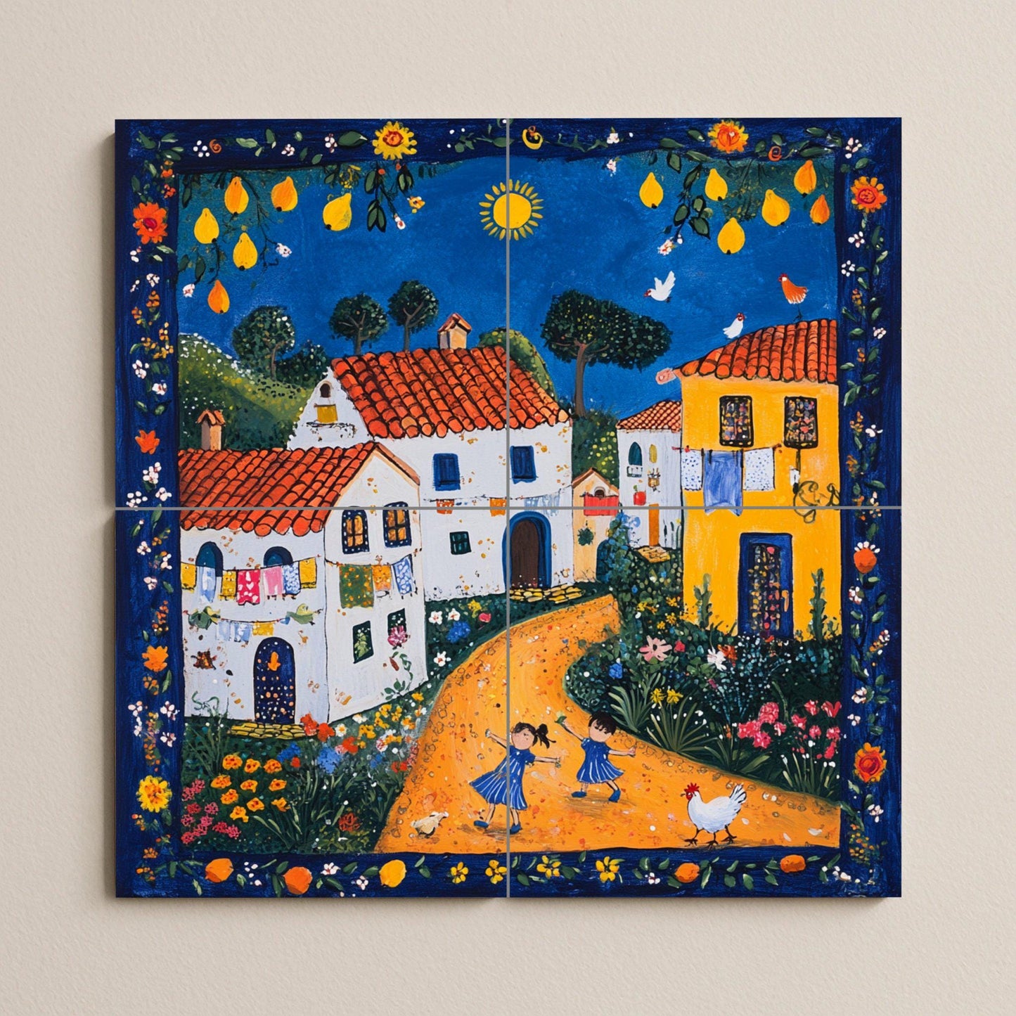 Portuguese naive art ceramic mural with terracotta roofed houses, a cheerful rural village and a decorative panel of folk tiles.