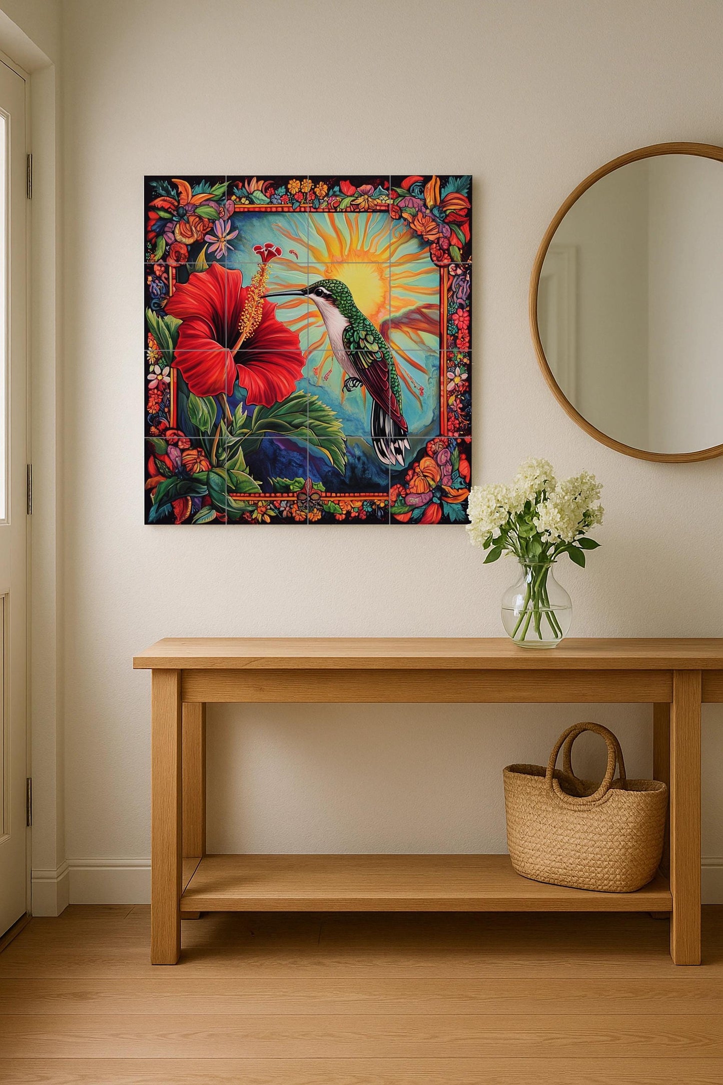 Caribbean hummingbird ceramic wall mural with hibiscus flower, radiant sun and lush floral frame, tropical island inspired tile panel.