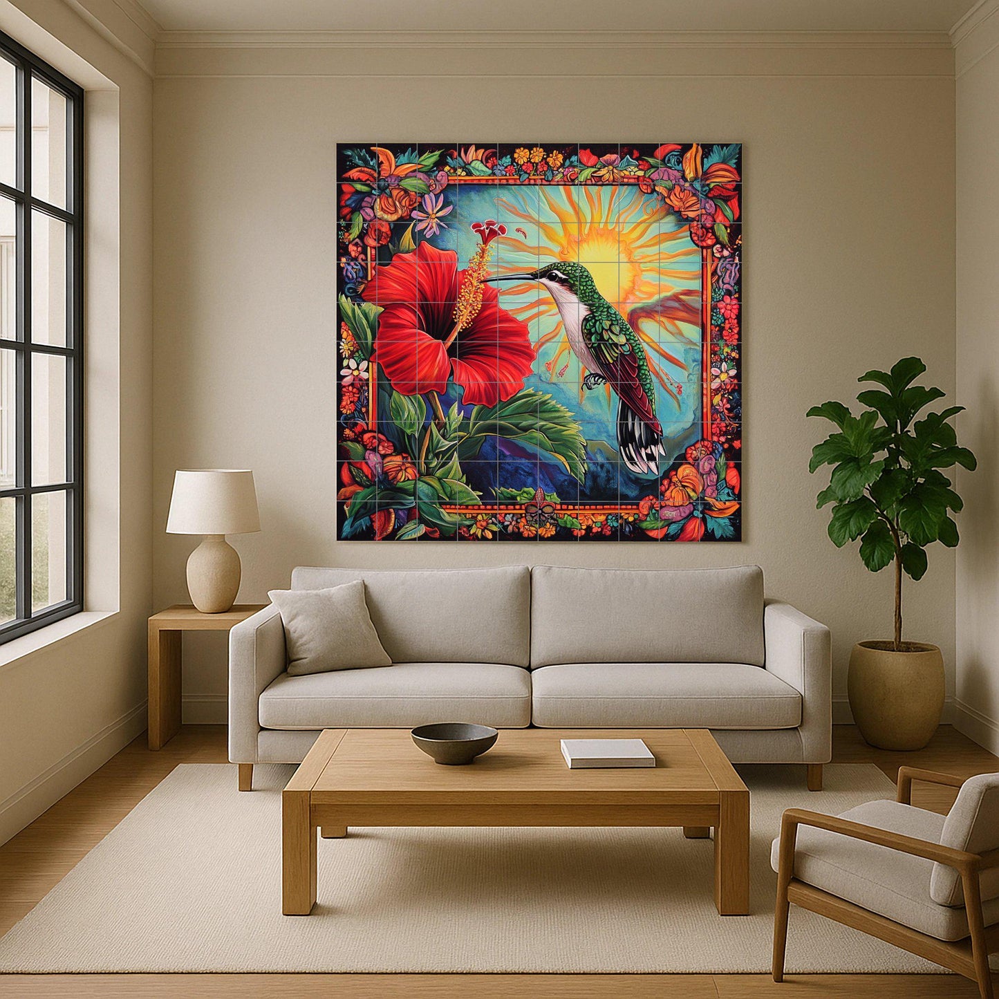 Caribbean hummingbird ceramic wall mural with hibiscus flower, radiant sun and lush floral frame, tropical island inspired tile panel.