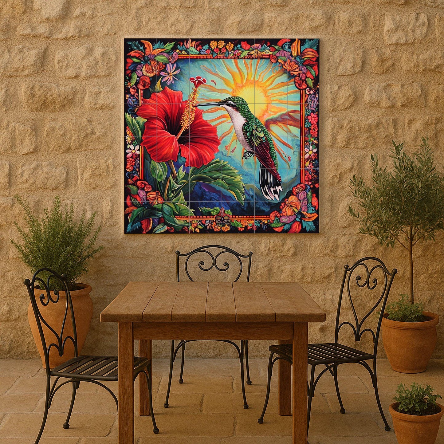 Caribbean hummingbird ceramic wall mural with hibiscus flower, radiant sun and lush floral frame, tropical island inspired tile panel.