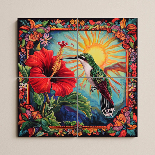 Caribbean hummingbird ceramic wall mural with hibiscus flower, radiant sun and lush floral frame, tropical island inspired tile panel.