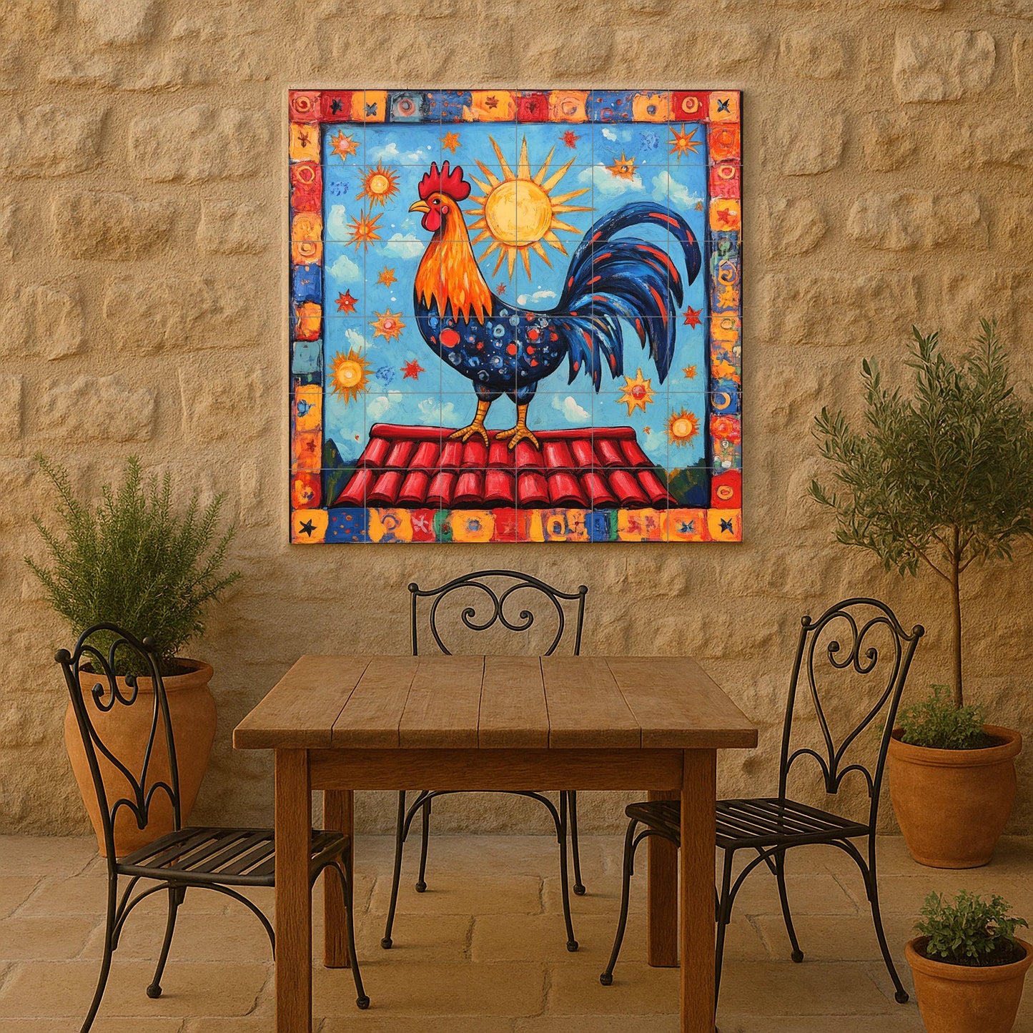 Portuguese rooster ceramic tile mural with radiant sun, celestial border and Mediterranean decorative wall panel with Iberian folk art on the ceiling.