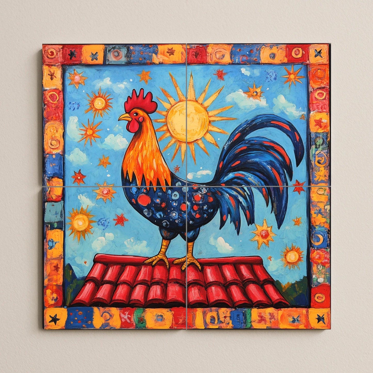 Portuguese rooster ceramic tile mural with radiant sun, celestial border and Mediterranean decorative wall panel with Iberian folk art on the ceiling.