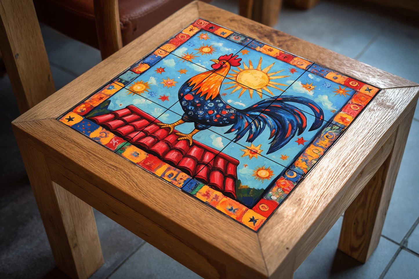 Portuguese rooster ceramic tile mural with radiant sun, celestial border and Mediterranean decorative wall panel with Iberian folk art on the ceiling.