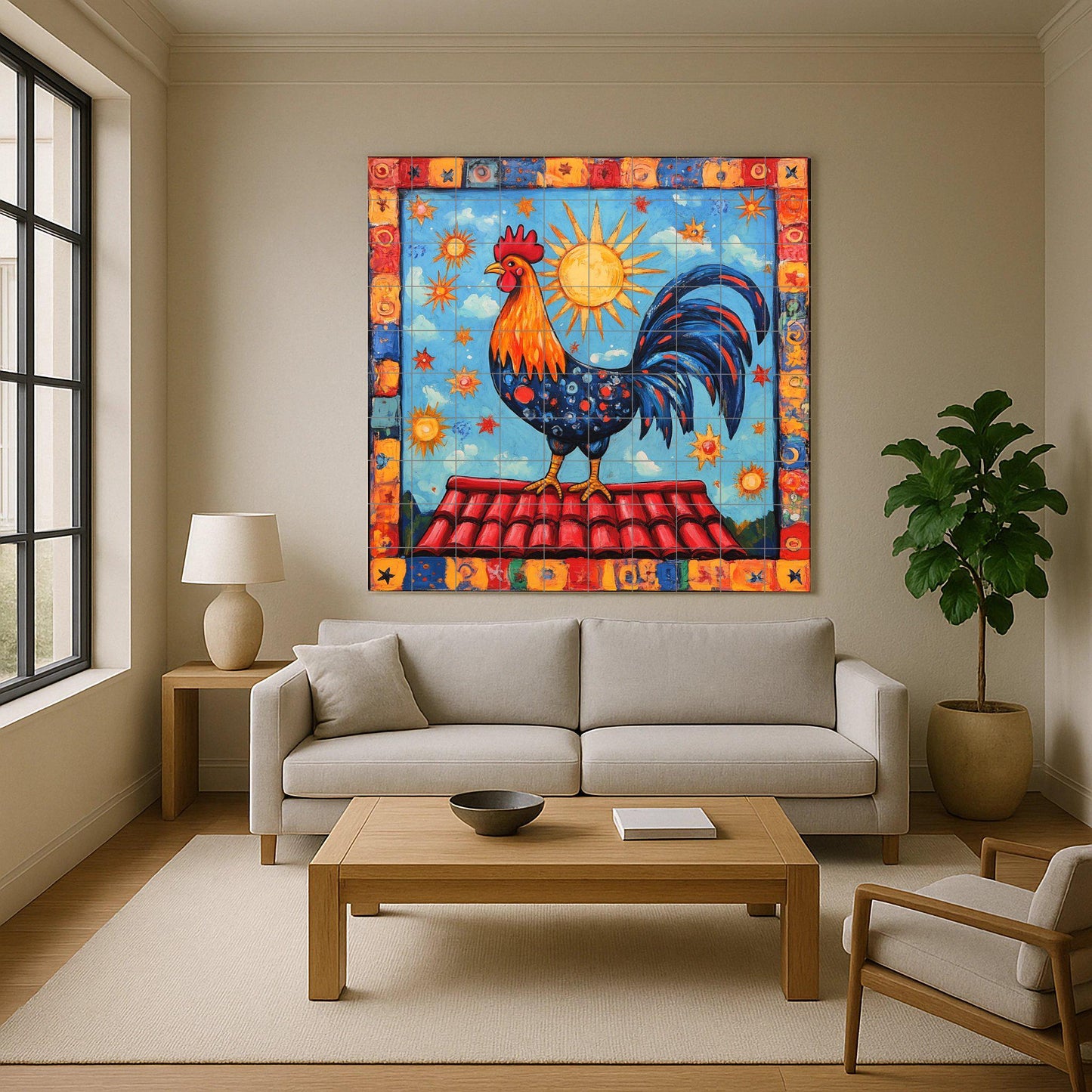 Portuguese rooster ceramic tile mural with radiant sun, celestial border and Mediterranean decorative wall panel with Iberian folk art on the ceiling.