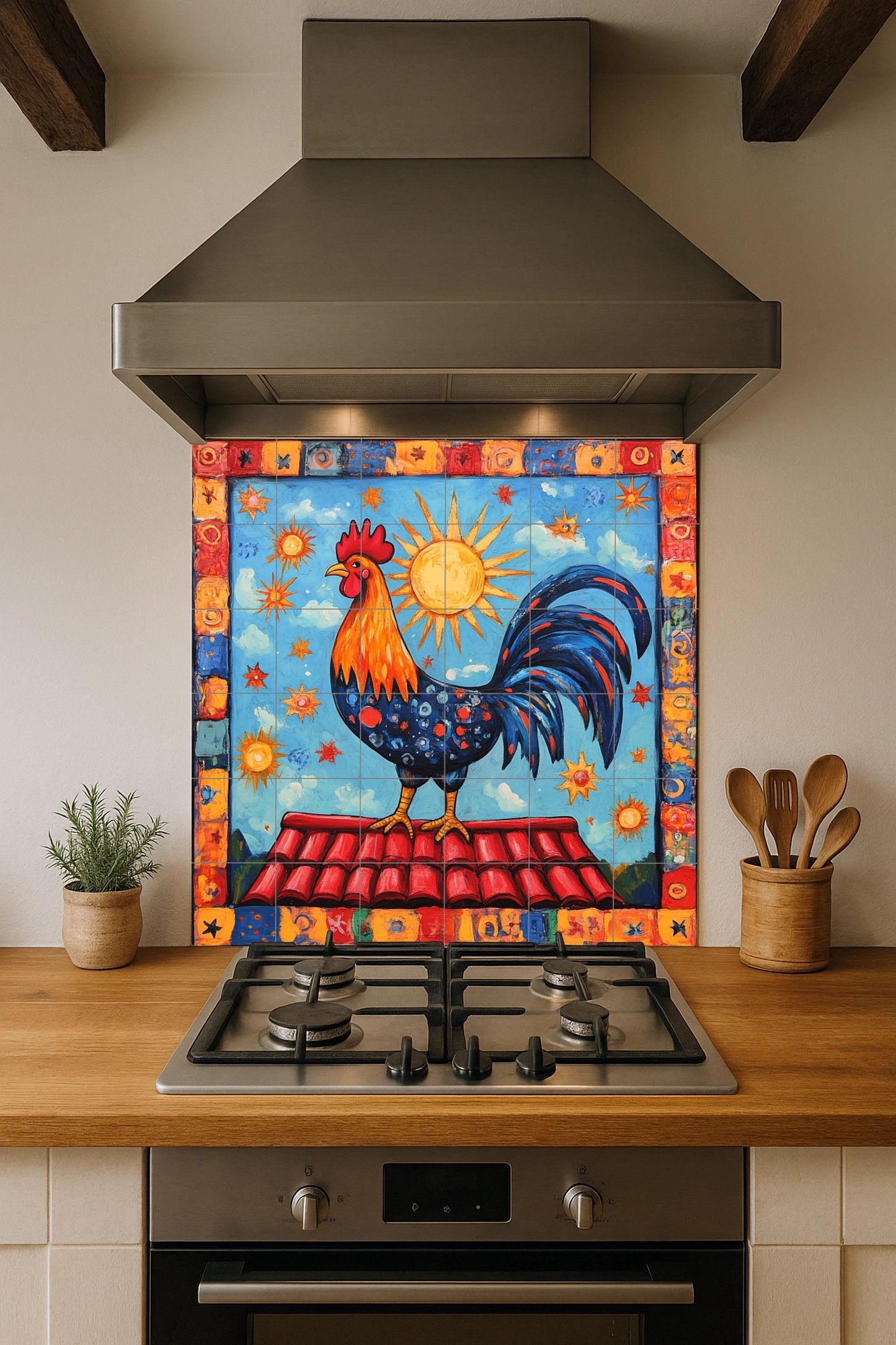Portuguese rooster ceramic tile mural with radiant sun, celestial border and Mediterranean decorative wall panel with Iberian folk art on the ceiling.