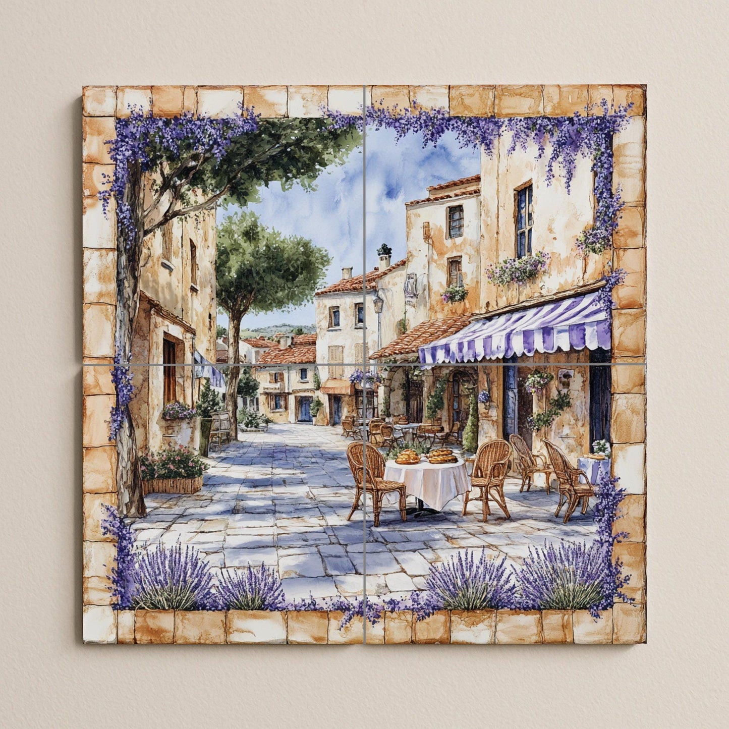French rustic cafe ceramic wall mural with wicker chairs, lavender garlands and Provencal decorative tile panel of golden stone village square.