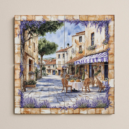 French rustic cafe ceramic wall mural with wicker chairs, lavender garlands and Provencal decorative tile panel of golden stone village square.
