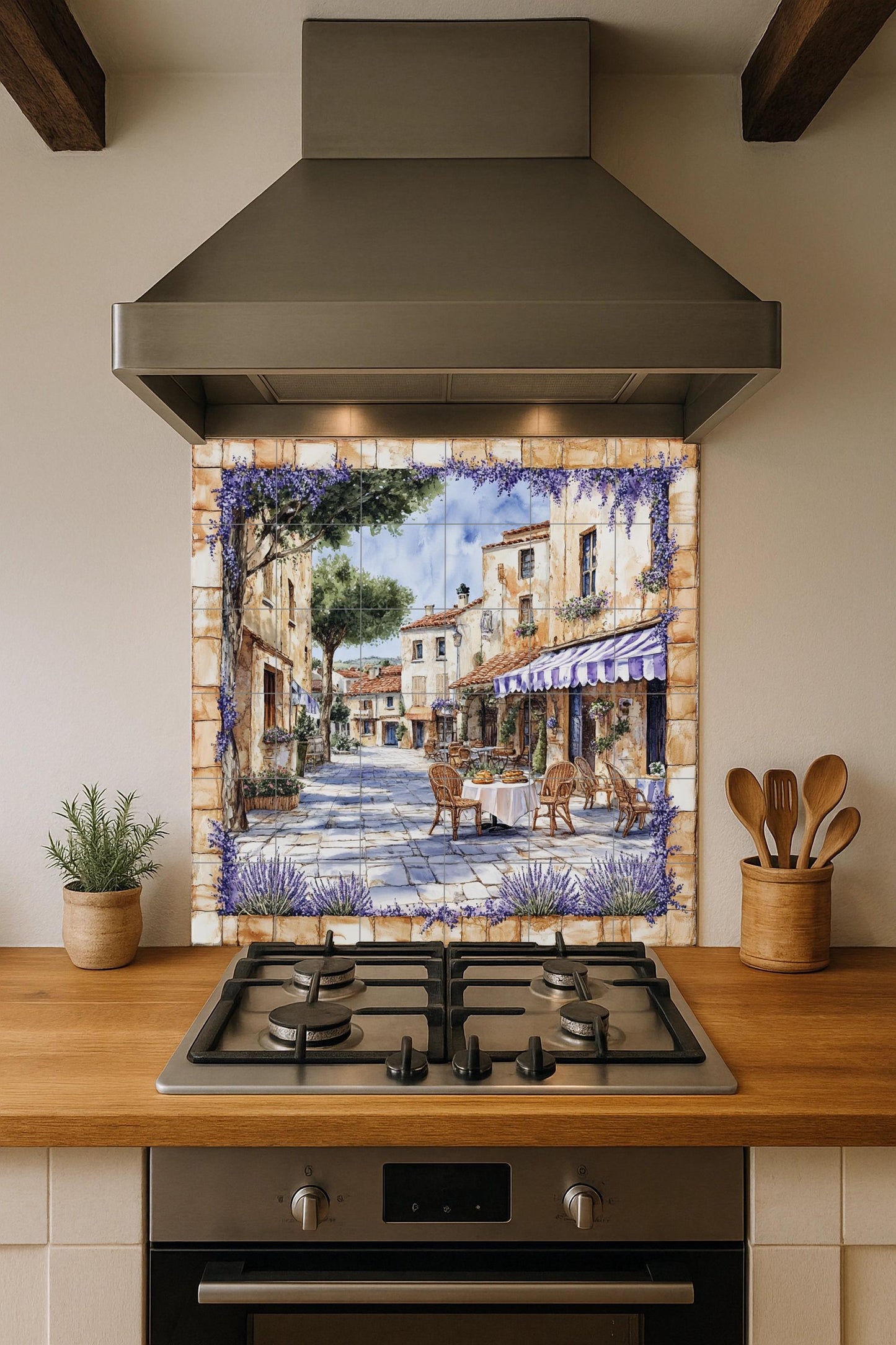 French rustic cafe ceramic wall mural with wicker chairs, lavender garlands and Provencal decorative tile panel of golden stone village square.