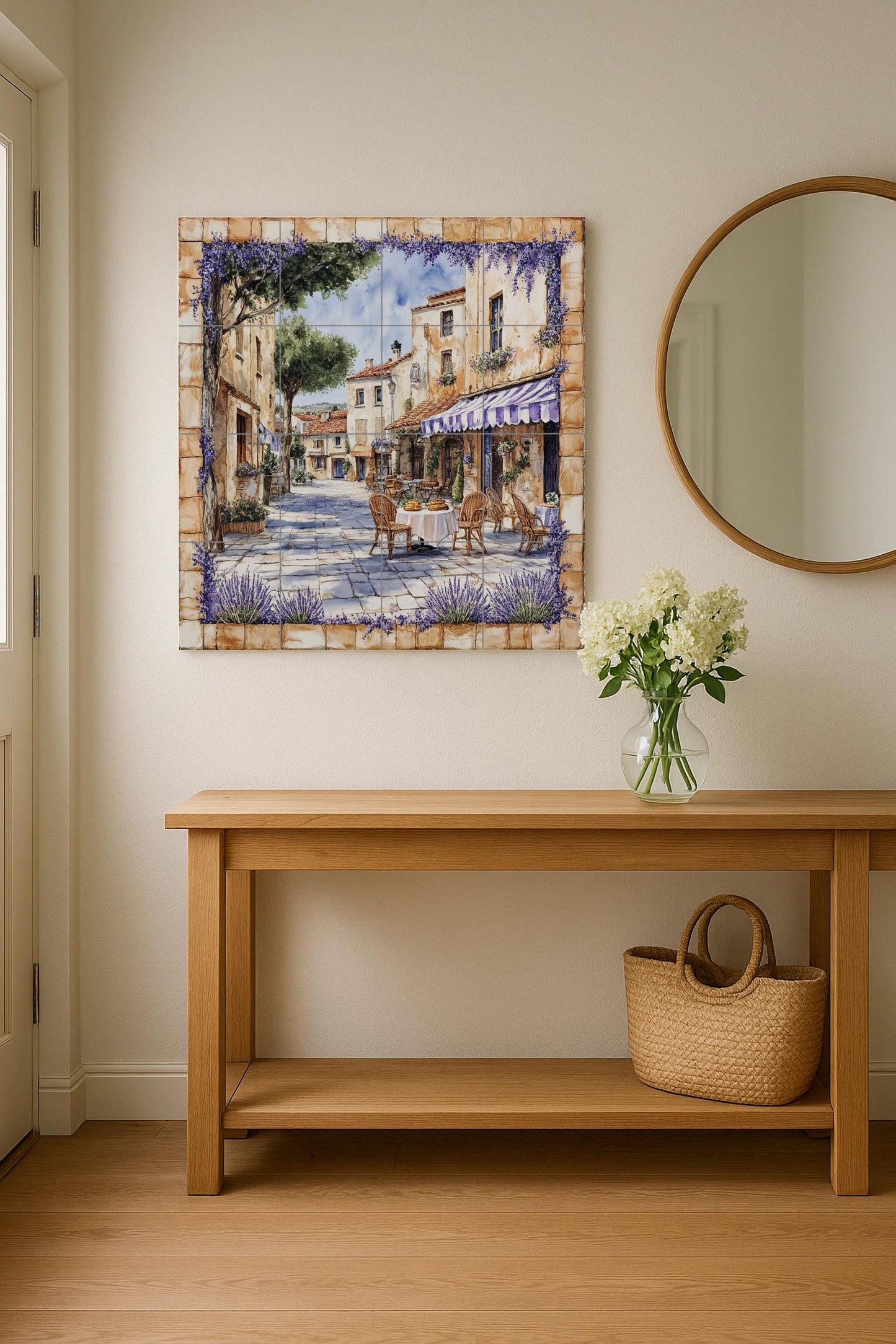 French rustic cafe ceramic wall mural with wicker chairs, lavender garlands and Provencal decorative tile panel of golden stone village square.