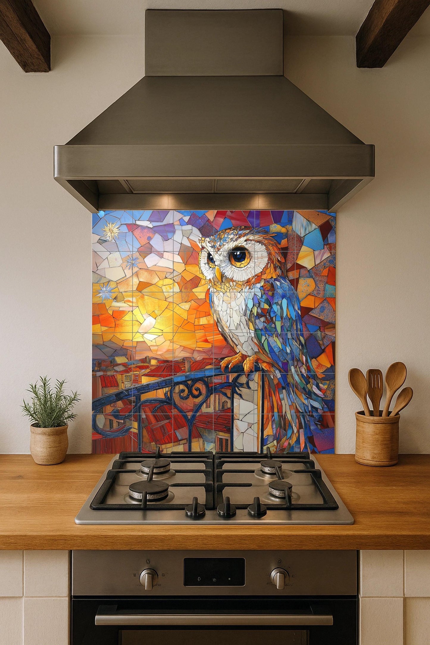Art Nouveau mosaic owl ceramic tile mural with vibrant sunset stained glass, modernist decorative balcony design, wall art panel