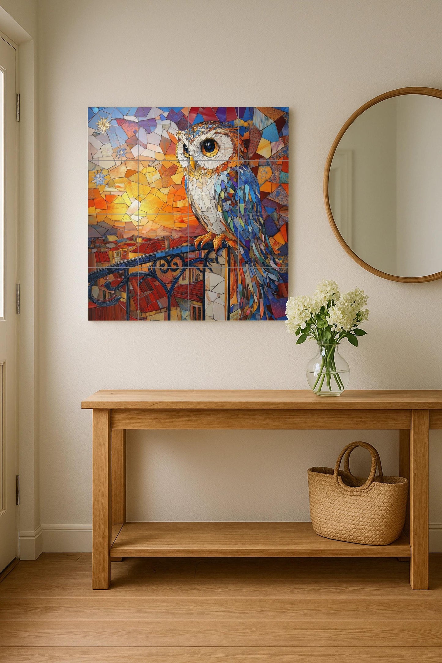 Art Nouveau mosaic owl ceramic tile mural with vibrant sunset stained glass, modernist decorative balcony design, wall art panel