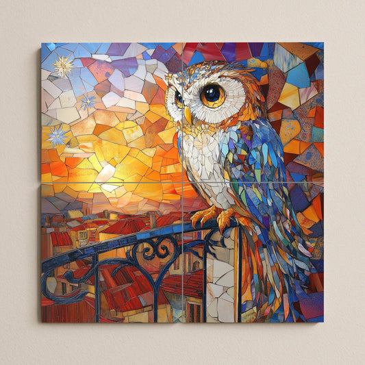 Art Nouveau mosaic owl ceramic tile mural with vibrant sunset stained glass, modernist decorative balcony design, wall art panel