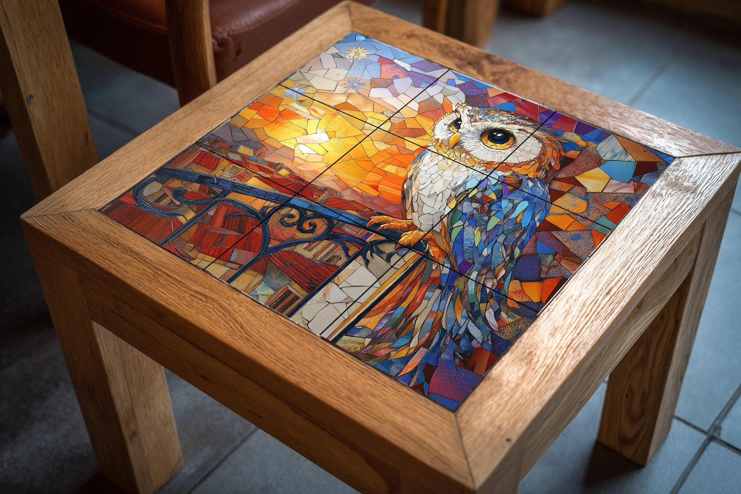 Art Nouveau mosaic owl ceramic tile mural with vibrant sunset stained glass, modernist decorative balcony design, wall art panel
