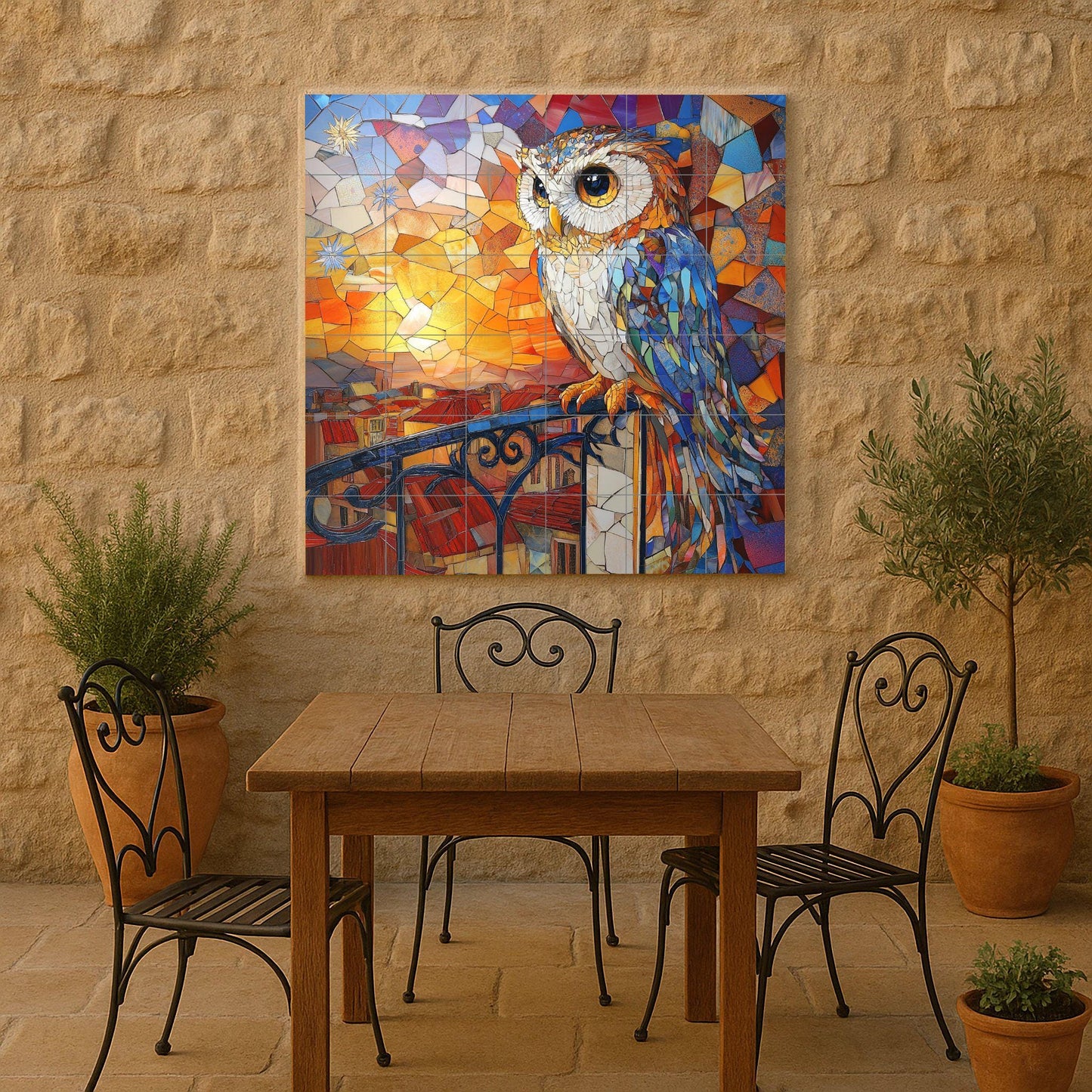 Art Nouveau mosaic owl ceramic tile mural with vibrant sunset stained glass, modernist decorative balcony design, wall art panel