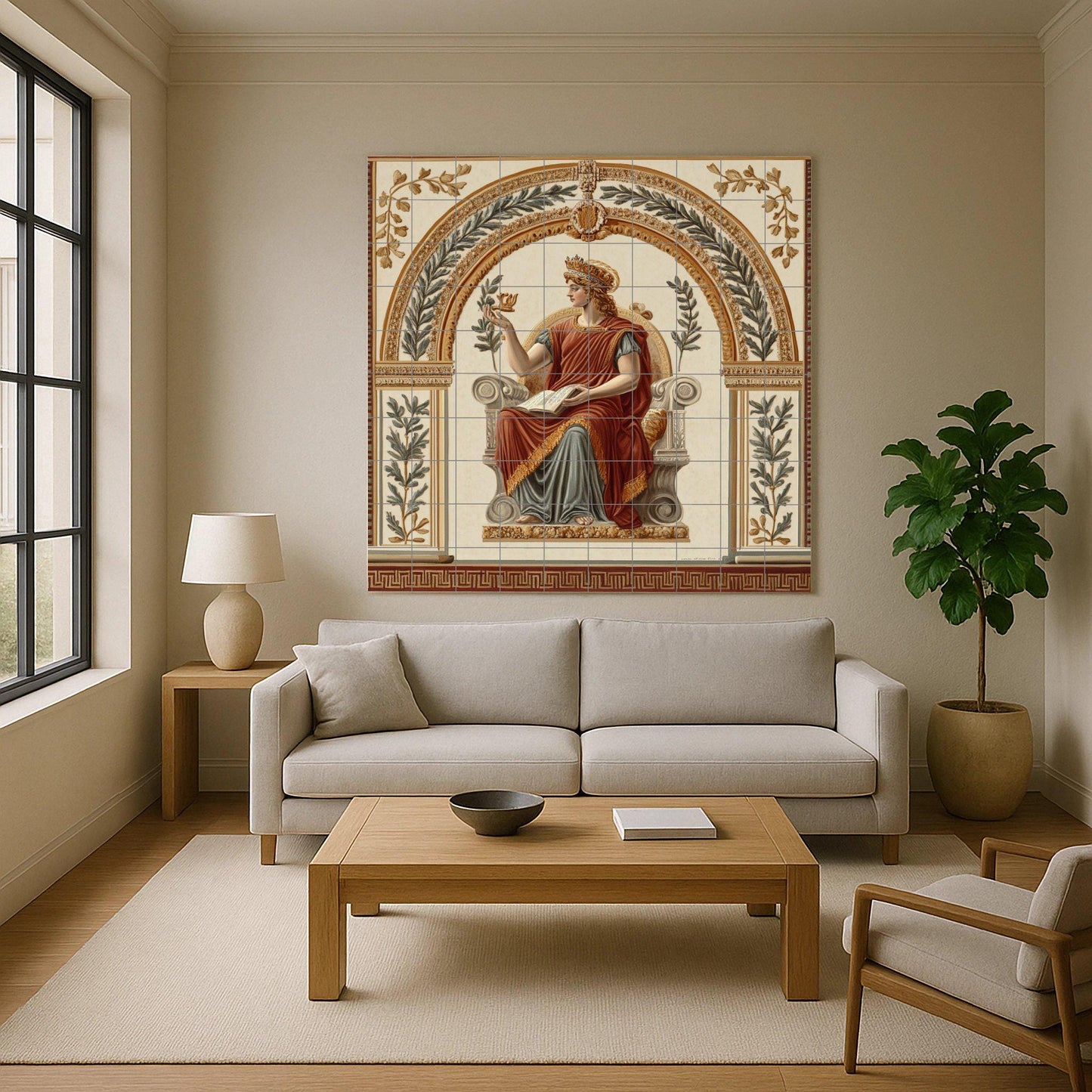 Pompeian fresco-style ceramic tile mural with classical seated goddess, laurel wreath allegory, neoclassical Roman villa wall art panel
