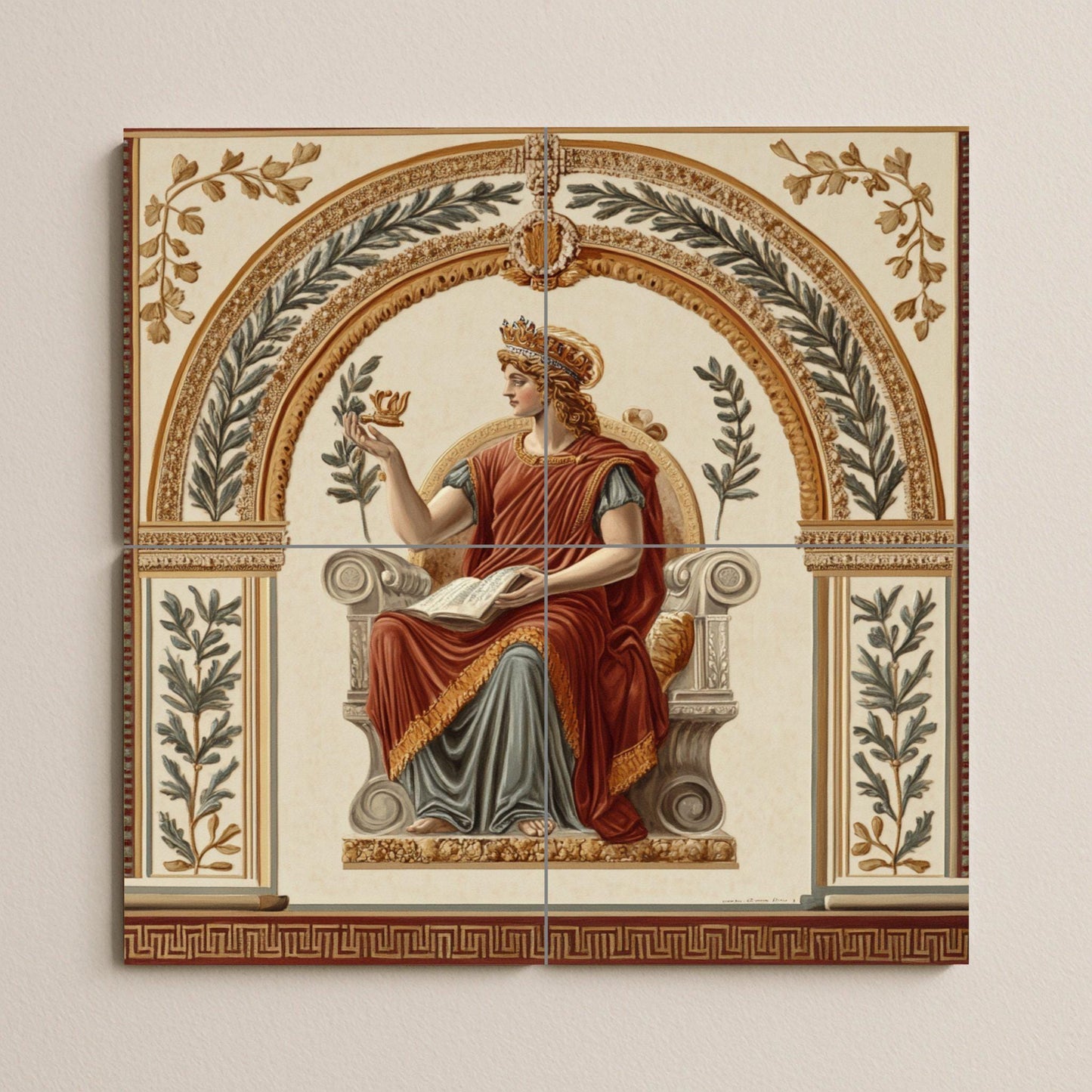 Pompeian fresco-style ceramic tile mural with classical seated goddess, laurel wreath allegory, neoclassical Roman villa wall art panel