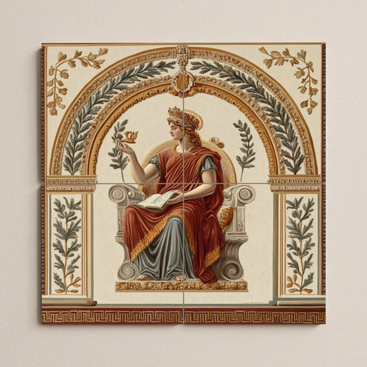 Pompeian fresco-style ceramic tile mural with classical seated goddess, laurel wreath allegory, neoclassical Roman villa wall art panel