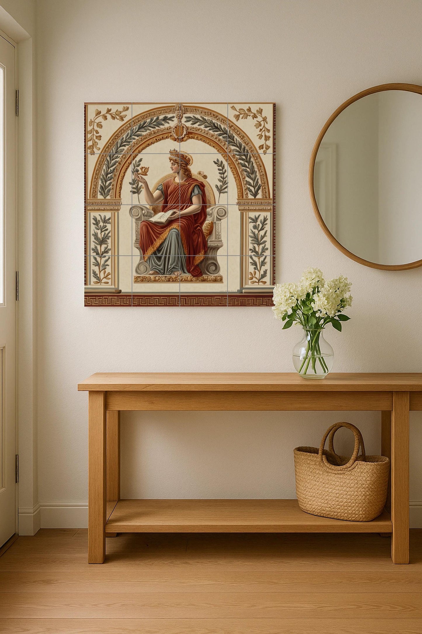 Pompeian fresco-style ceramic tile mural with classical seated goddess, laurel wreath allegory, neoclassical Roman villa wall art panel