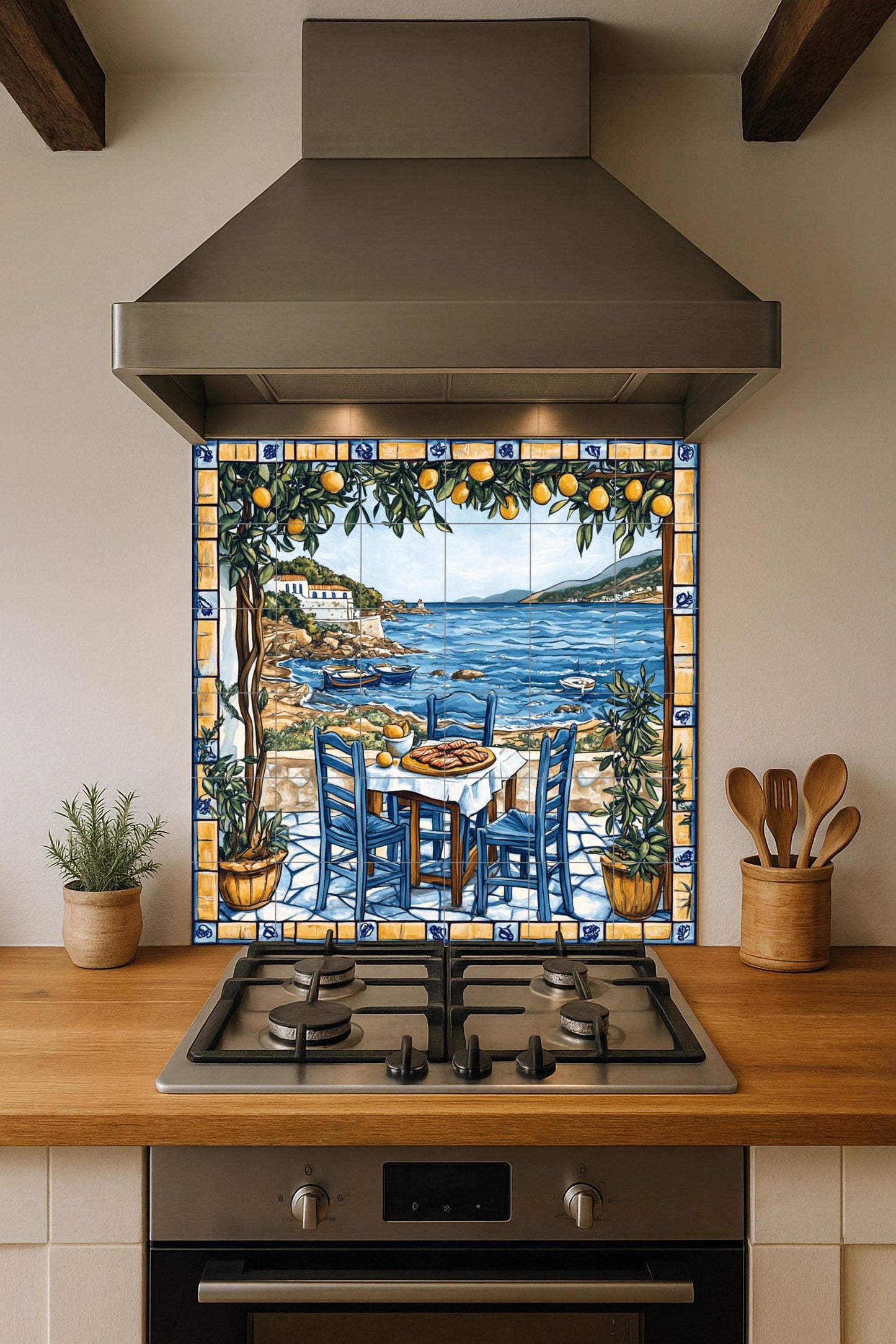 Ceramic tile mural of a Greek island tavern with blue chairs, lemon trees and Aegean fishing boats, Cycladic coastal kitchen wall art panel.