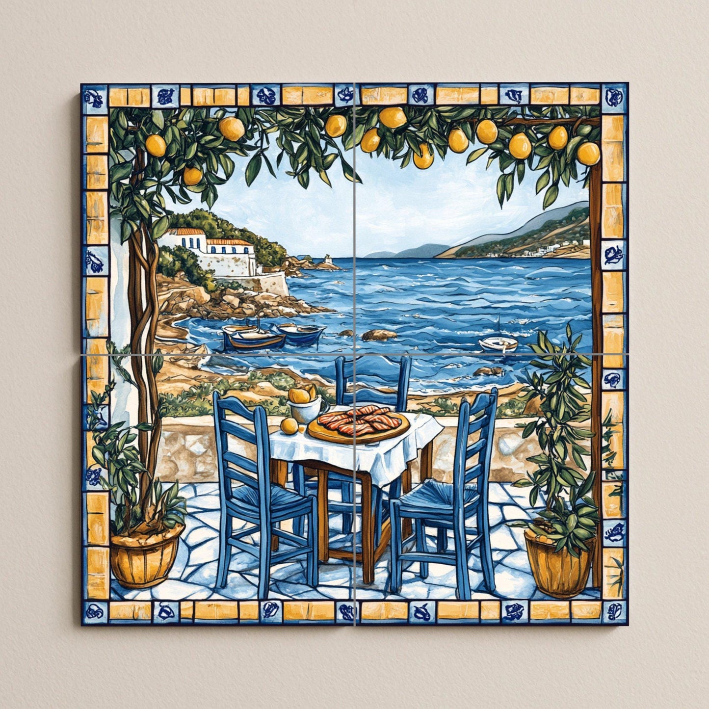 Ceramic tile mural of a Greek island tavern with blue chairs, lemon trees and Aegean fishing boats, Cycladic coastal kitchen wall art panel.