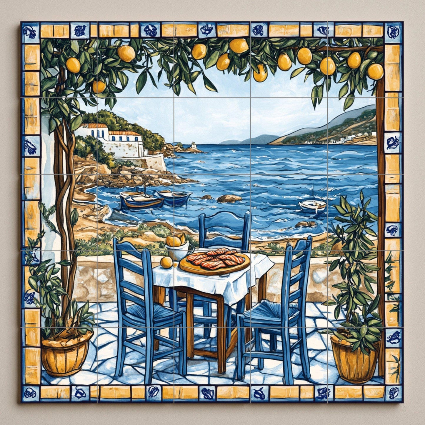 Ceramic tile mural of a Greek island tavern with blue chairs, lemon trees and Aegean fishing boats, Cycladic coastal kitchen wall art panel.