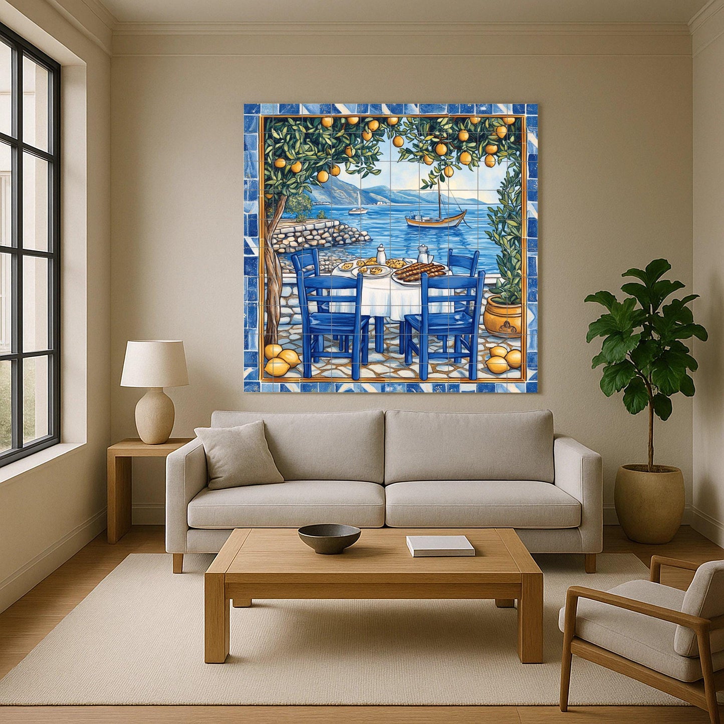 Amalfi lemon tree ceramic tile mural with seaside dining table, Italian coastal style rustic kitchen backsplash, Mediterranean villa decor