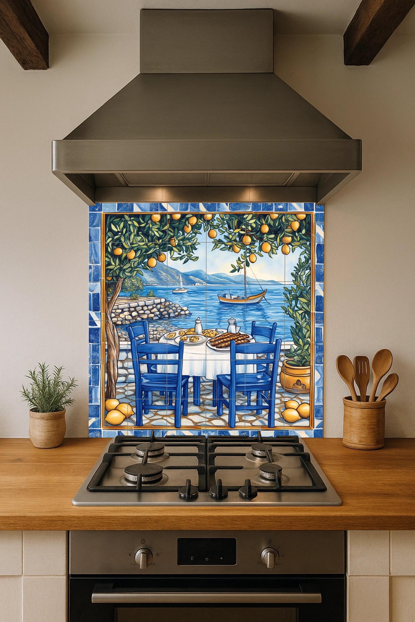 Amalfi lemon tree ceramic tile mural with seaside dining table, Italian coastal style rustic kitchen backsplash, Mediterranean villa decor
