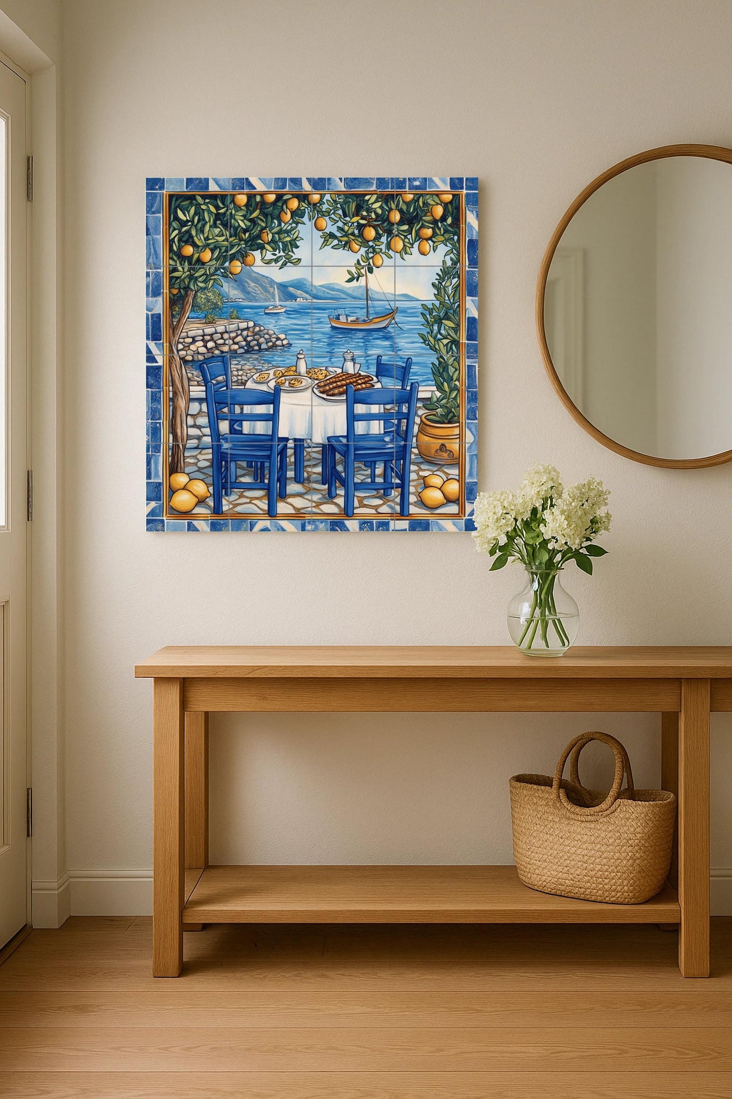 Amalfi lemon tree ceramic tile mural with seaside dining table, Italian coastal style rustic kitchen backsplash, Mediterranean villa decor