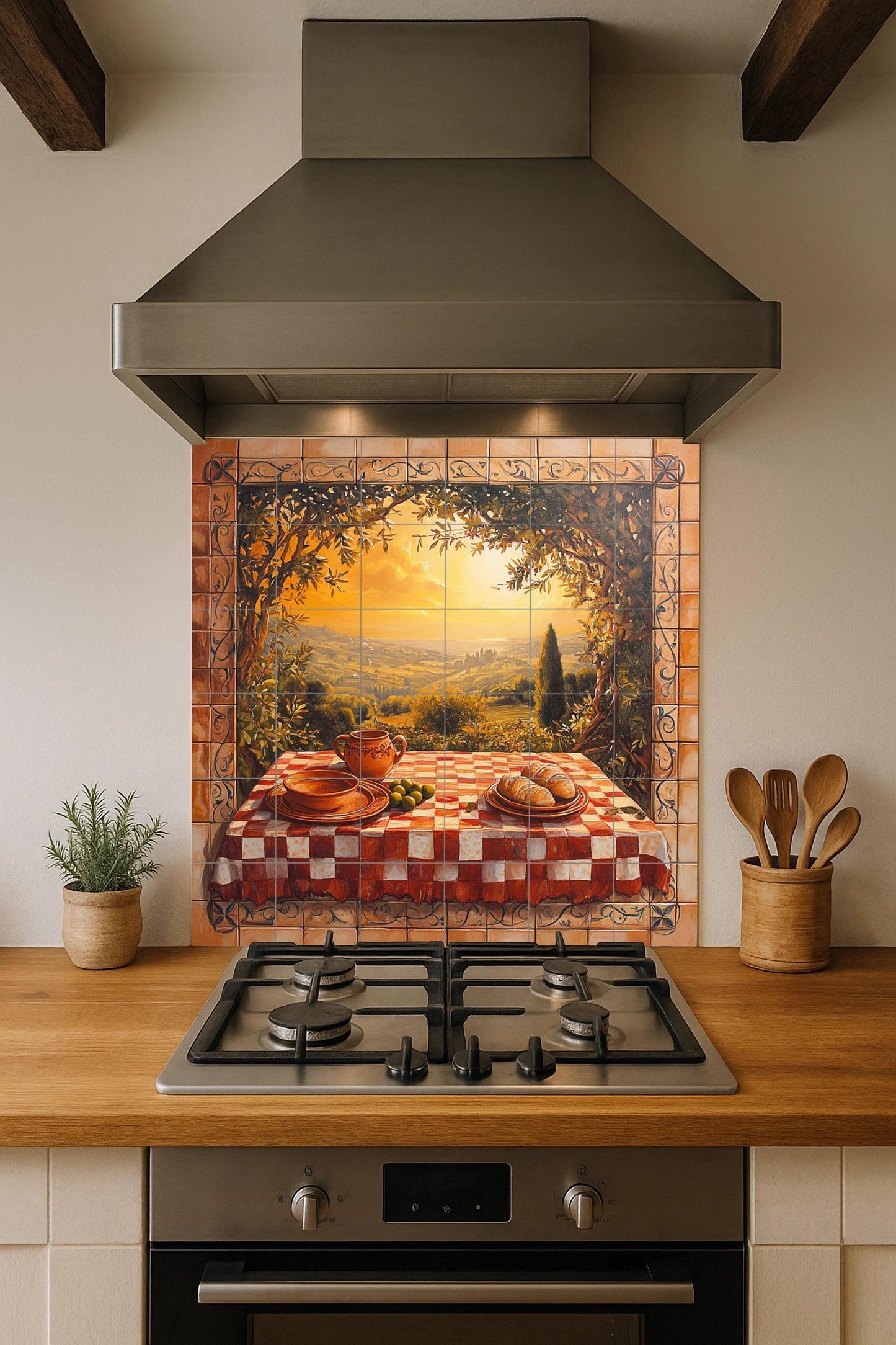 Chianti vineyard ceramic tile mural with rolling Tuscan hills, sunset trattoria table, farmhouse rustic style kitchen backsplash wall panel