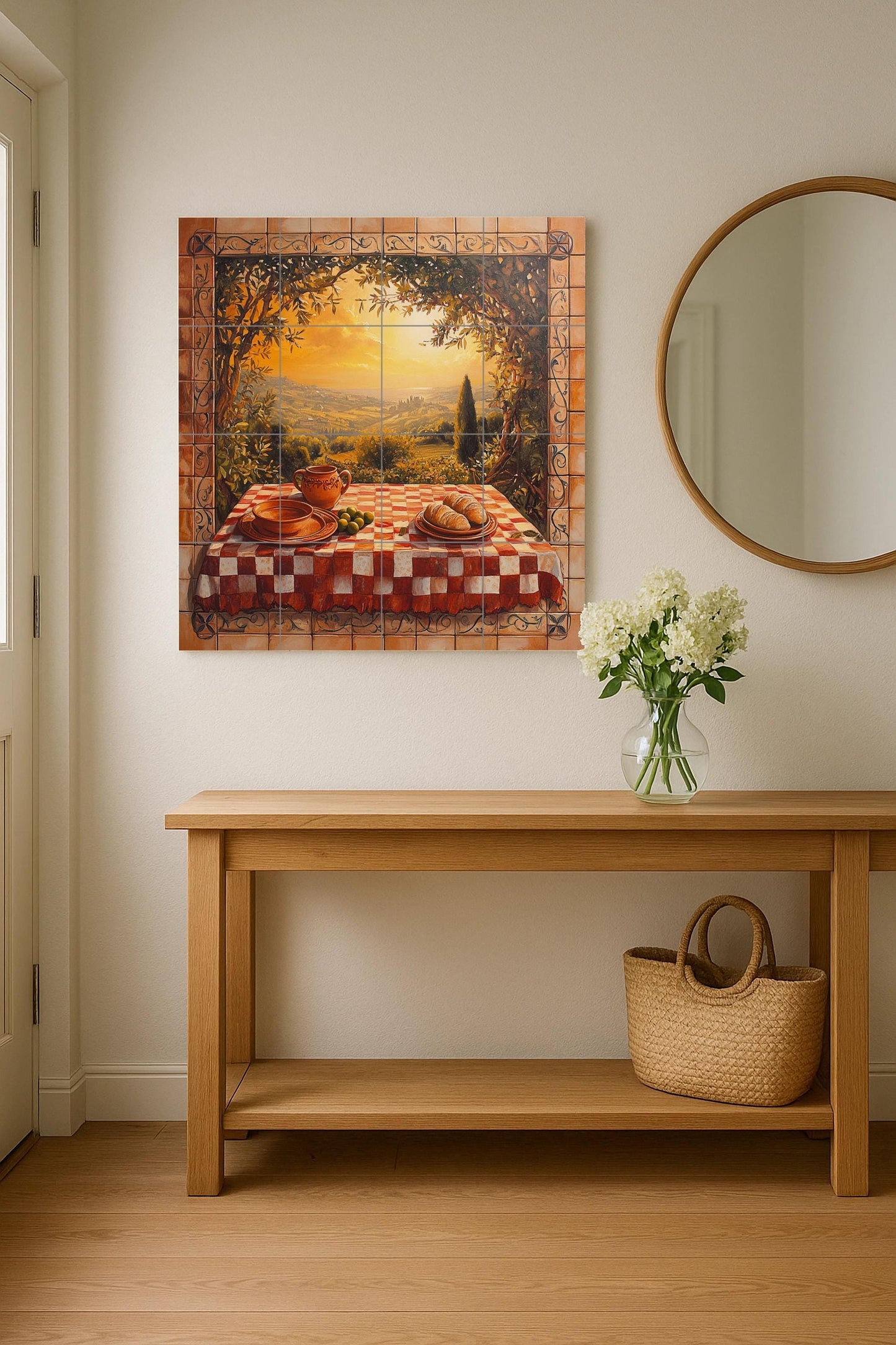 Chianti vineyard ceramic tile mural with rolling Tuscan hills, sunset trattoria table, farmhouse rustic style kitchen backsplash wall panel