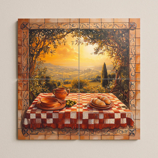 Chianti vineyard ceramic tile mural with rolling Tuscan hills, sunset trattoria table, farmhouse rustic style kitchen backsplash wall panel