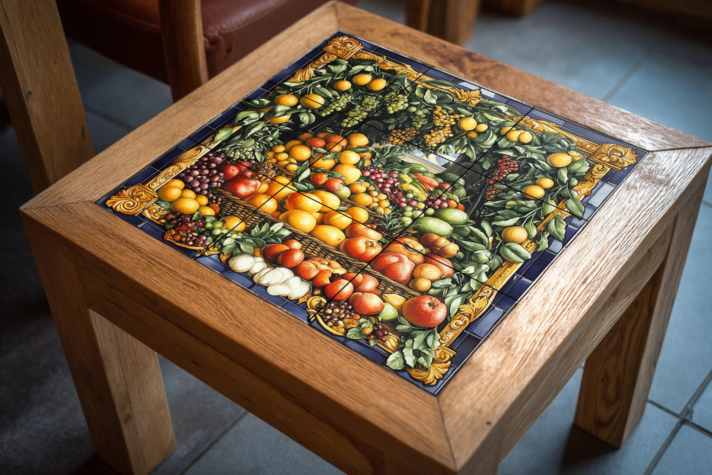 Ceramic tile mural with Neapolitan baroque fruit garland featuring vineyard grapes, orchard pears and ornate gold border, Italian rustic villa panel.