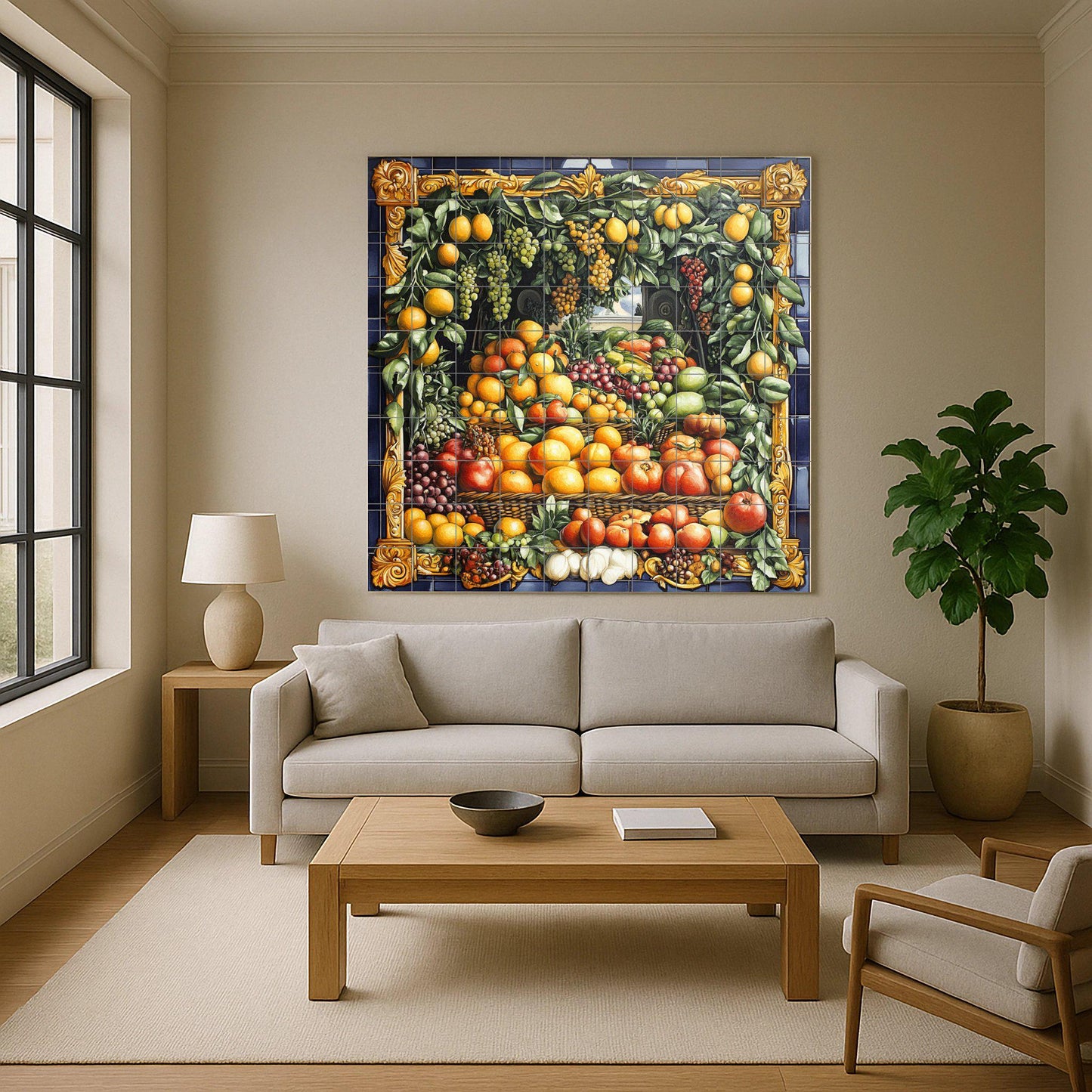 Ceramic tile mural with Neapolitan baroque fruit garland featuring vineyard grapes, orchard pears and ornate gold border, Italian rustic villa panel.