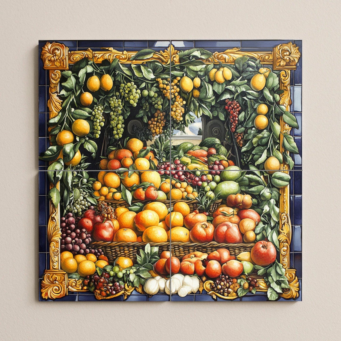 Ceramic tile mural with Neapolitan baroque fruit garland featuring vineyard grapes, orchard pears and ornate gold border, Italian rustic villa panel.