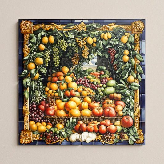 Ceramic tile mural with Neapolitan baroque fruit garland featuring vineyard grapes, orchard pears and ornate gold border, Italian rustic villa panel.