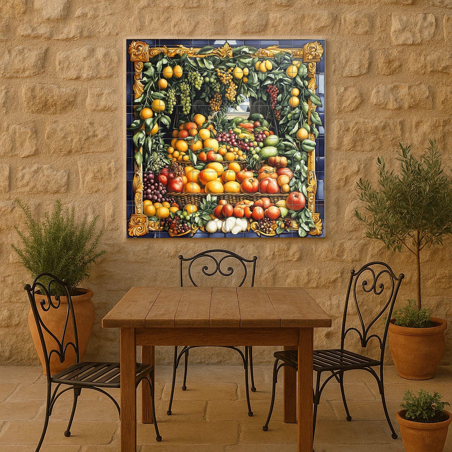 Ceramic tile mural with Neapolitan baroque fruit garland featuring vineyard grapes, orchard pears and ornate gold border, Italian rustic villa panel.