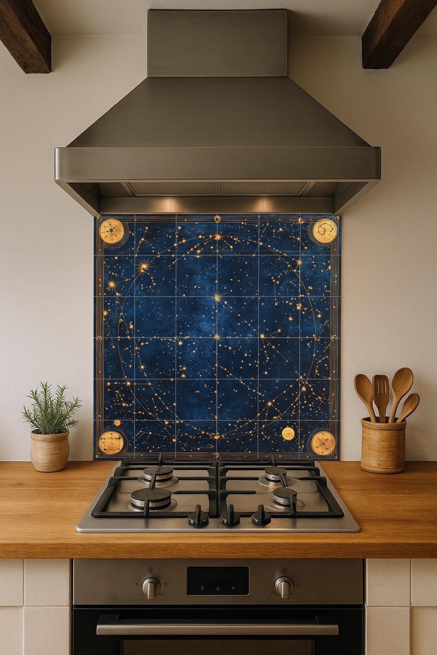 Ceramic tile mural with ancient celestial star map with zodiac constellations, Renaissance astronomical map and gilded cosmic navigation wall panel.