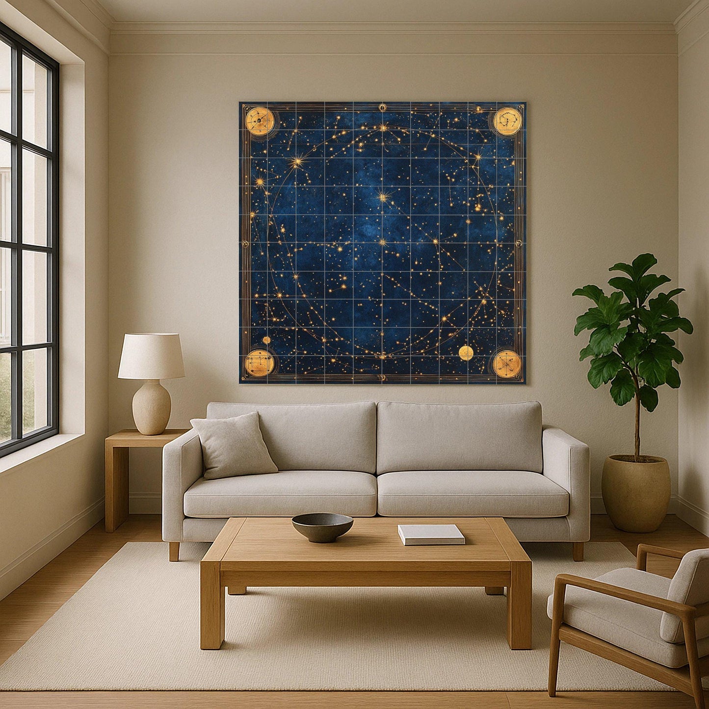 Ceramic tile mural with ancient celestial star map with zodiac constellations, Renaissance astronomical map and gilded cosmic navigation wall panel.