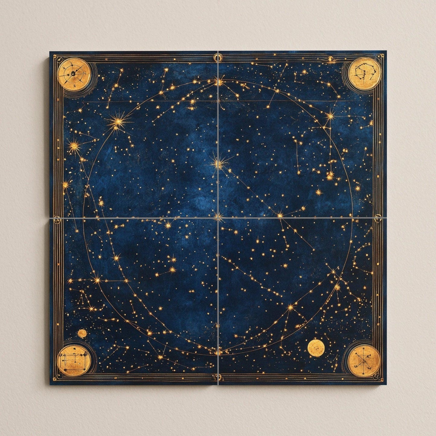 Ceramic tile mural with ancient celestial star map with zodiac constellations, Renaissance astronomical map and gilded cosmic navigation wall panel.