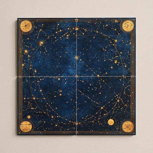 Ceramic tile mural with ancient celestial star map with zodiac constellations, Renaissance astronomical map and gilded cosmic navigation wall panel.