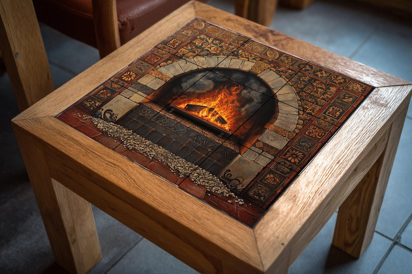 Ceramic tile mural with rustic fireplace and Tuscan stone arch, Mediterranean terracotta tiles, handcrafted decorative panel for home wall.
