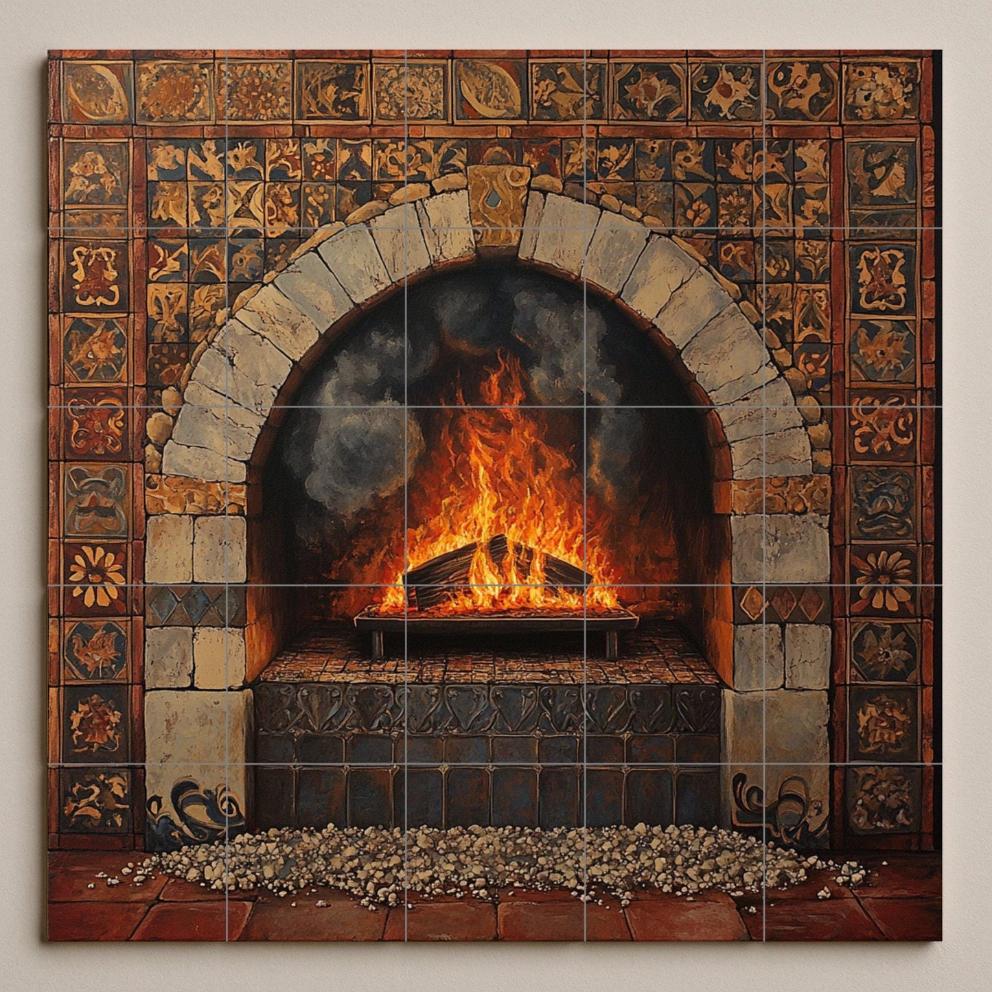 Ceramic tile mural with rustic fireplace and Tuscan stone arch, Mediterranean terracotta tiles, handcrafted decorative panel for home wall.