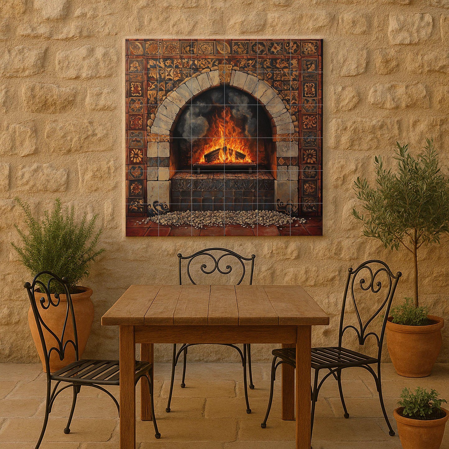 Ceramic tile mural with rustic fireplace and Tuscan stone arch, Mediterranean terracotta tiles, handcrafted decorative panel for home wall.