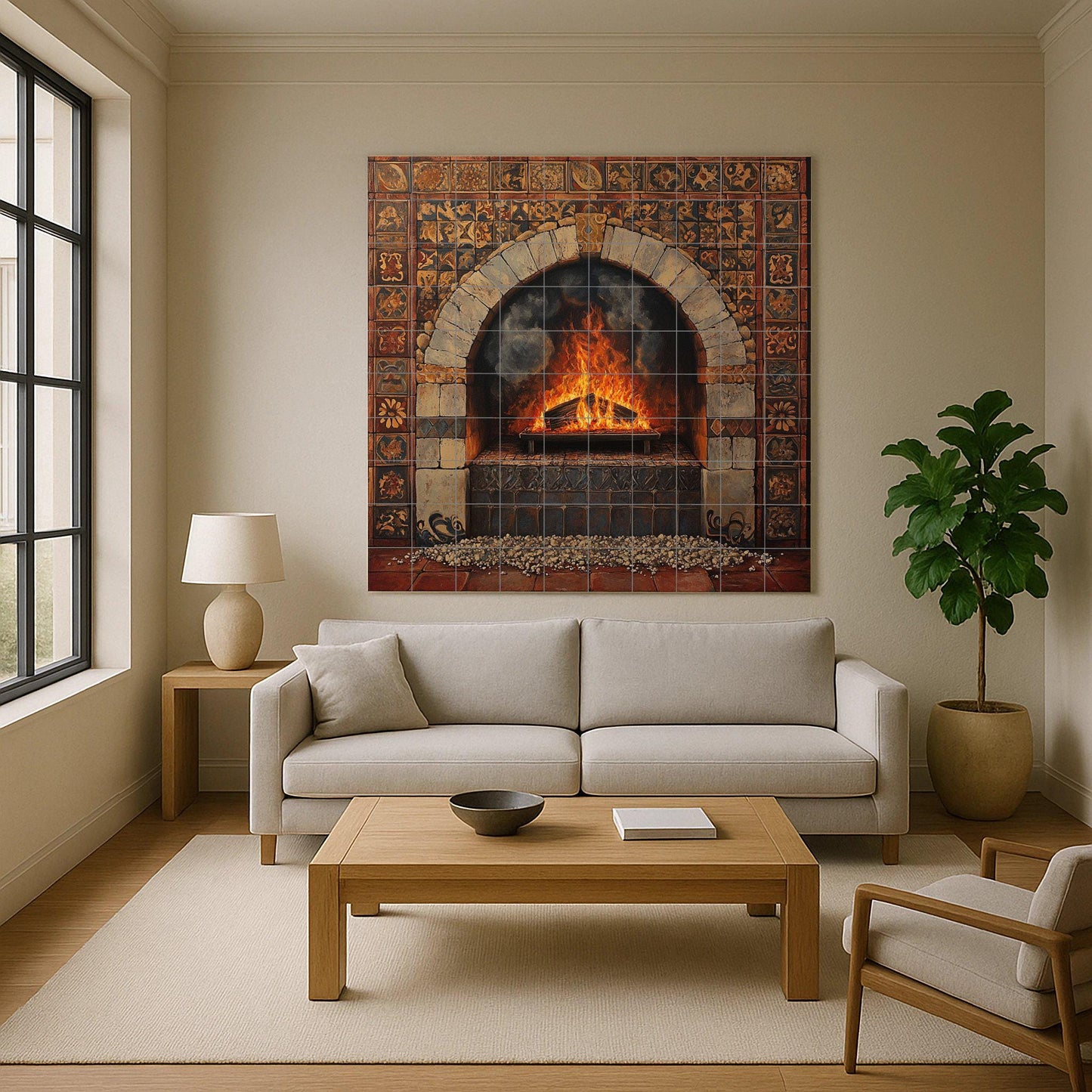 Ceramic tile mural with rustic fireplace and Tuscan stone arch, Mediterranean terracotta tiles, handcrafted decorative panel for home wall.