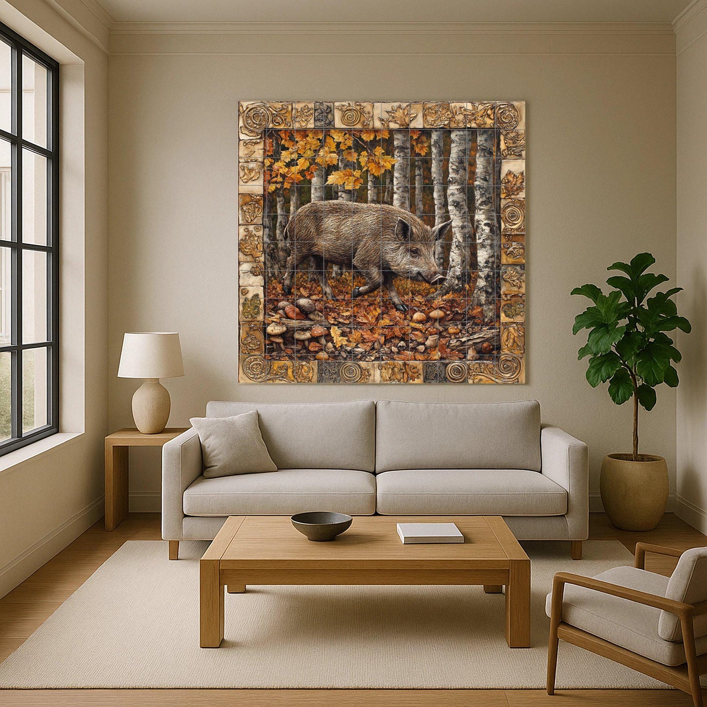 Wild boar forest ceramic tile mural with autumn birch trees and rustic symbolic border, Celtic mythology wall art, woodland cabin panel