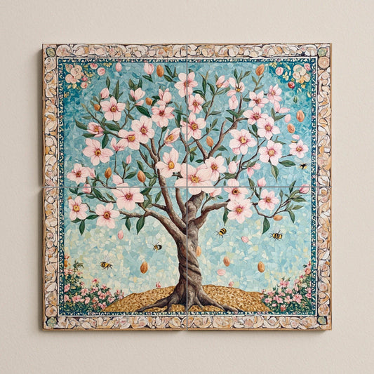Ceramic tile mural of Persian almond blossom with bees and mosaic border, floral panel from Samarkand, Central Asia, Anatolian spring, Middle East.