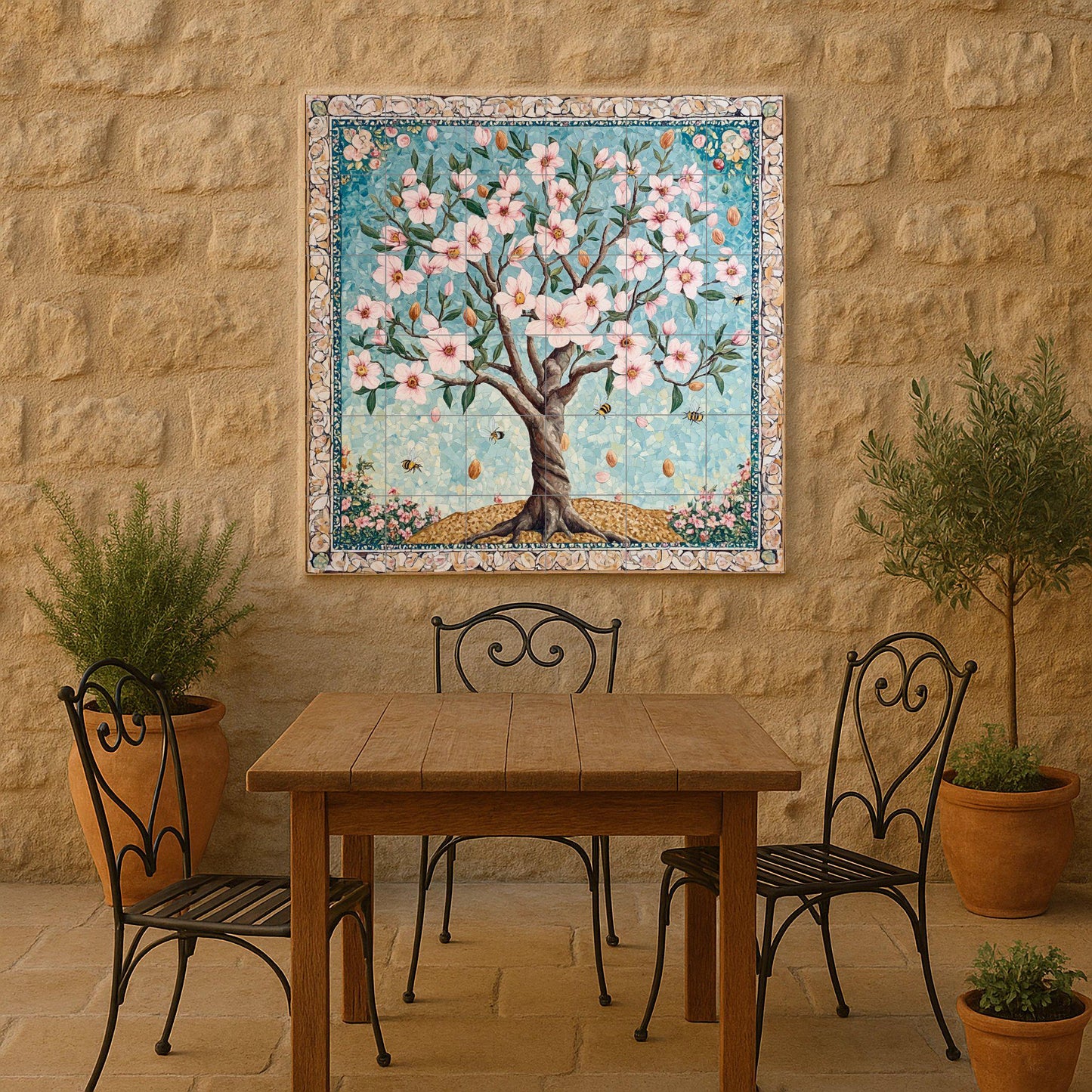 Ceramic tile mural of Persian almond blossom with bees and mosaic border, floral panel from Samarkand, Central Asia, Anatolian spring, Middle East.