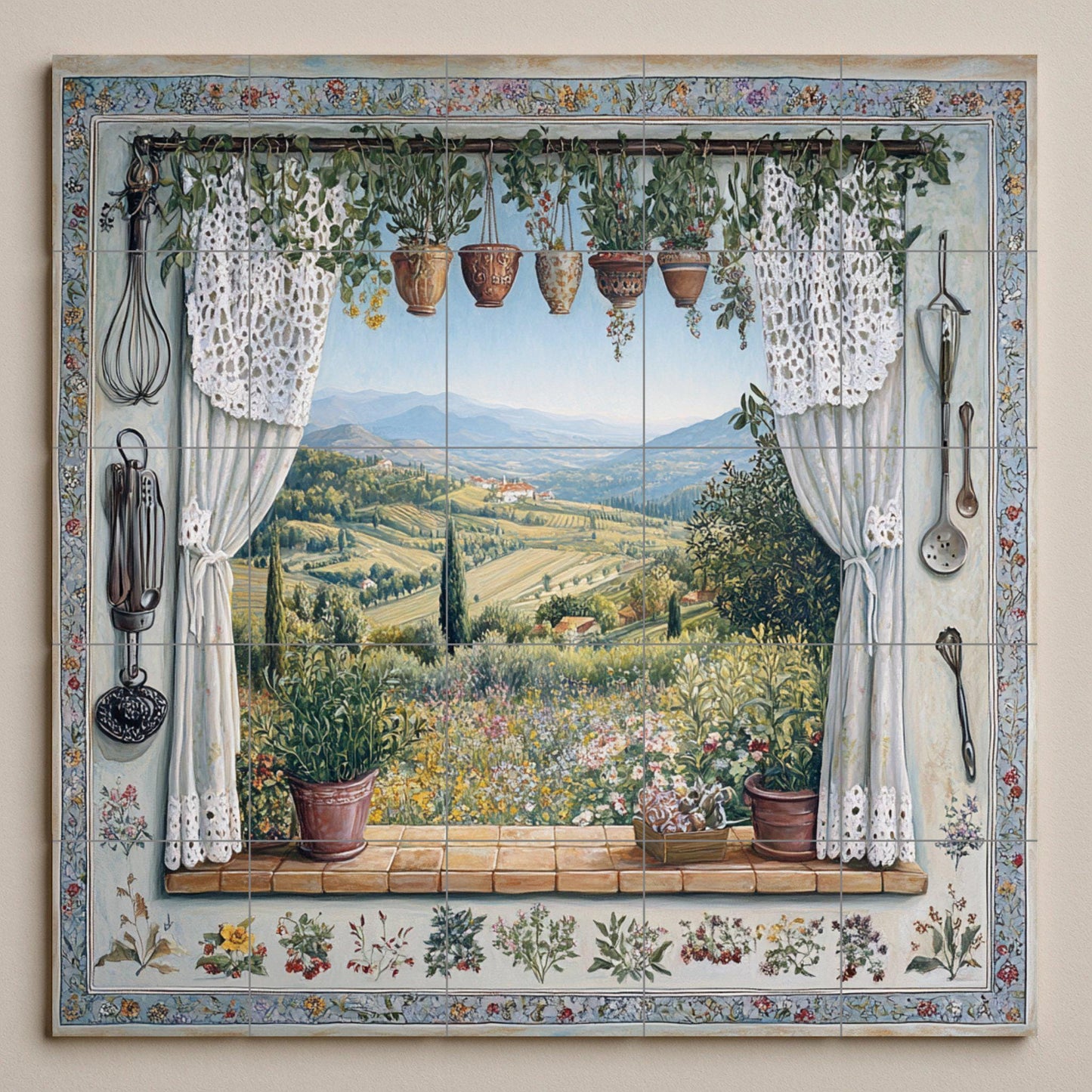 Ceramic tile mural overlooking the Tuscan countryside and vineyard hills, rustic Provençal kitchen backsplash, Mediterranean rustic style villa