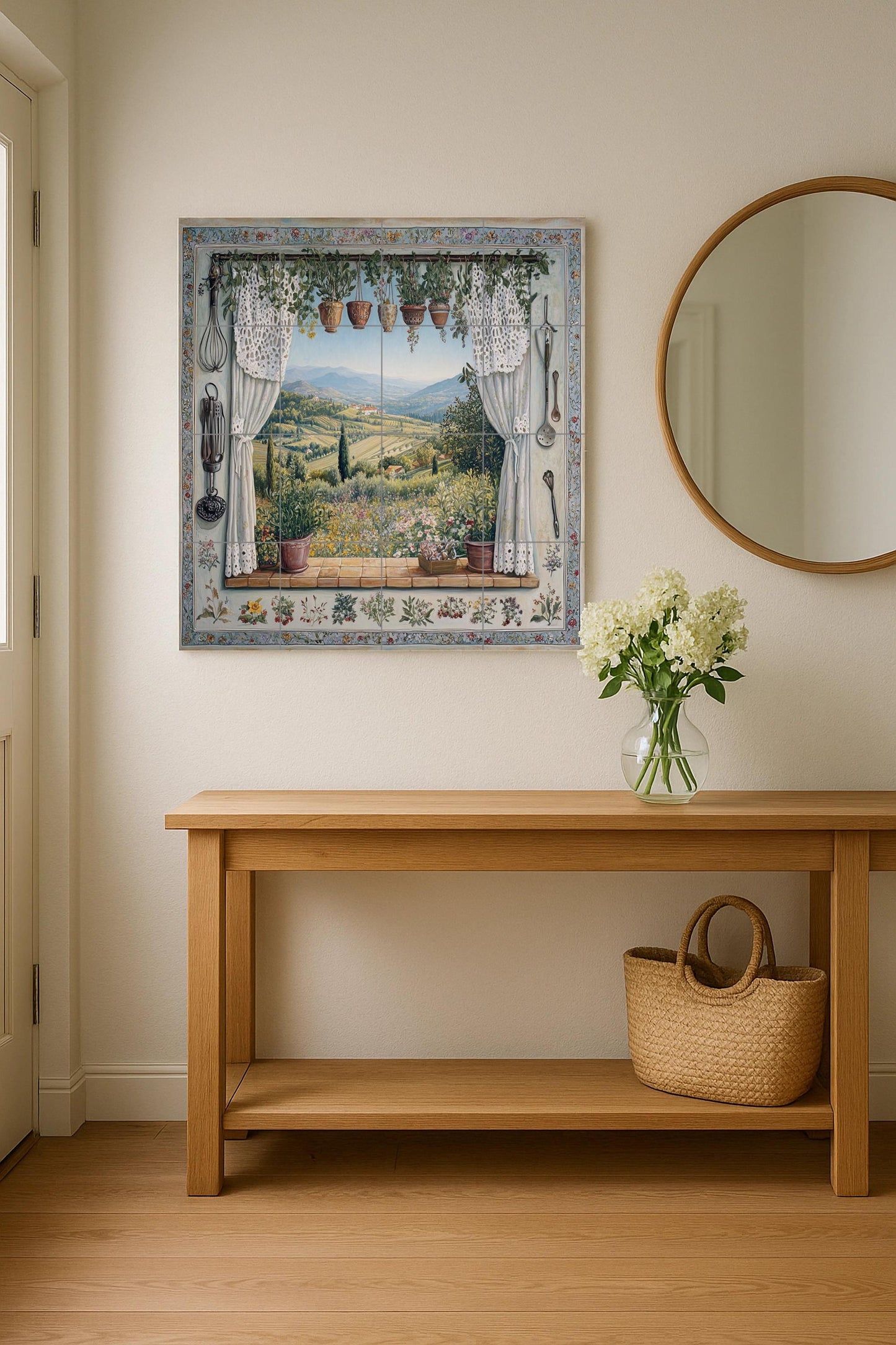 Ceramic tile mural overlooking the Tuscan countryside and vineyard hills, rustic Provençal kitchen backsplash, Mediterranean rustic style villa